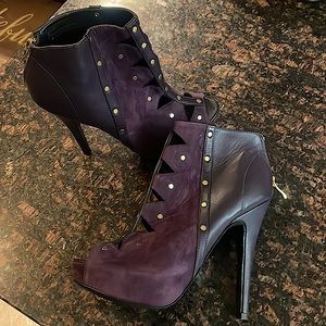 STUNNING FAUX  SUEDE AND LEATHER PLUM COLORED BOOTS  WITH DESIGN AND STUDS